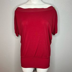 Mine Burgundy Red Off Shoulder Gold Button Detail Blouse. Size M